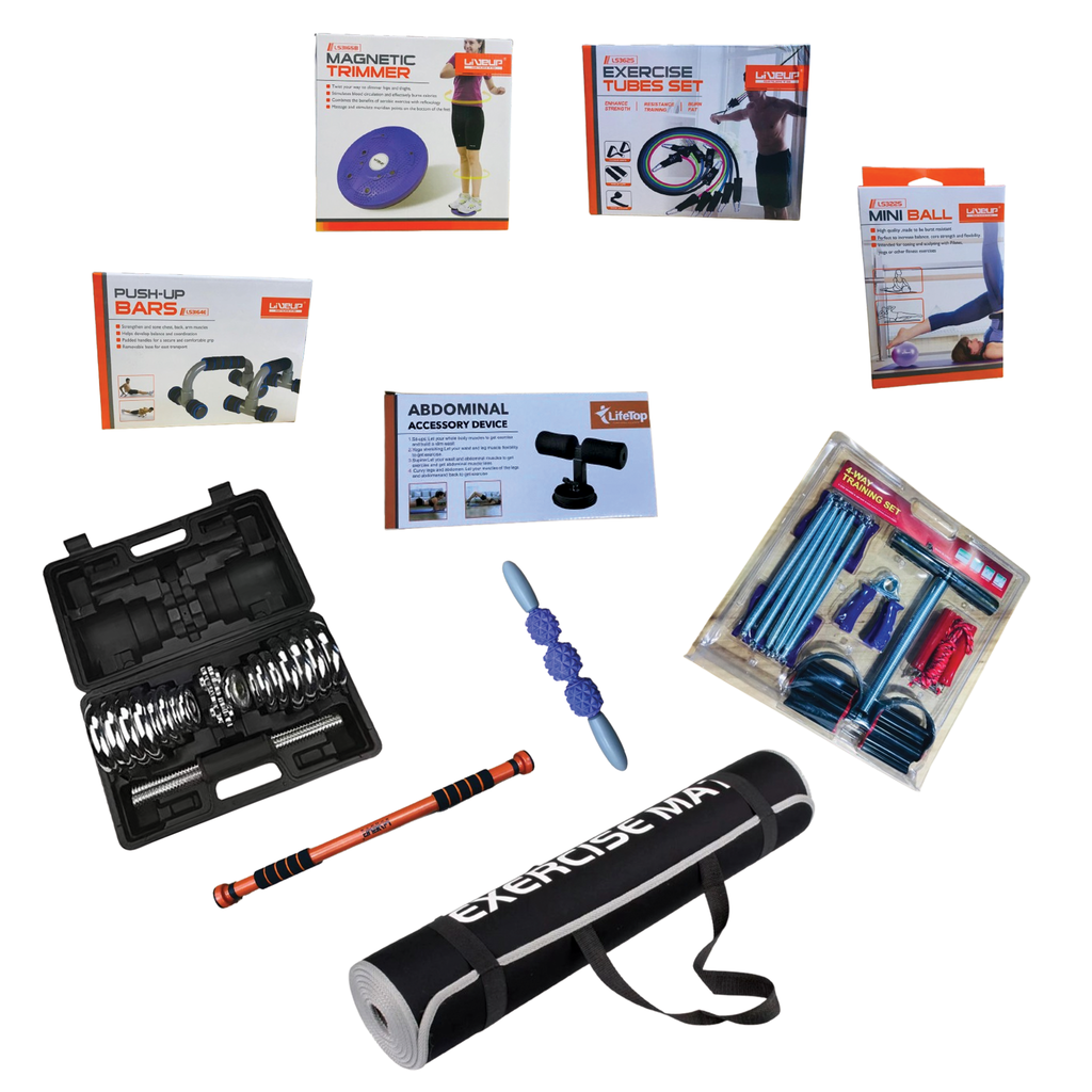 All-in-One Home Workout Set – 10-in-1 Full Body Fitness Kit with Dumbbells, Door Bar, Yoga Mat & Resistance Training Equipment